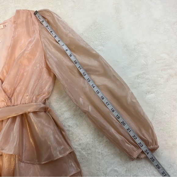 Idem Ditto Tiered Mini Dress Sz SM Metallic Pink LS Balloon Sleeve V Neck Lined - Picture 12 of 12